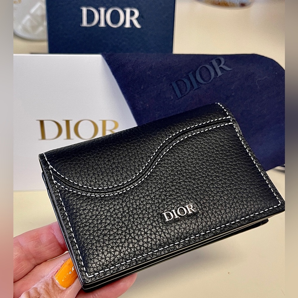 Dior NWOT Leather Wallet with Box&Dust bagPebbled black leather/white stitching - Picture 2 of 15
